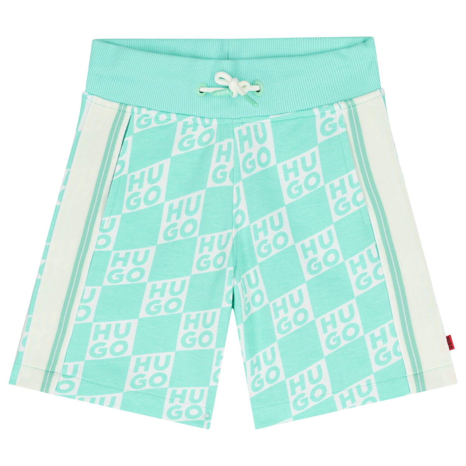 Boys Aqua & White Check Logo Shorts, 2, hi-res