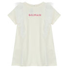 Younger Girls Ivory Logo Ruffled Dress, 1, hi-res