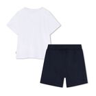 Younger Boys Mini Me Navy Blue & White Logo Shorts Set, 1, hi-res