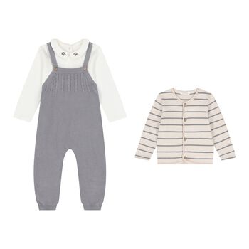 Baby Boys White, Beige & Grey Knitted Dungaree Set ( 3 Piece )
