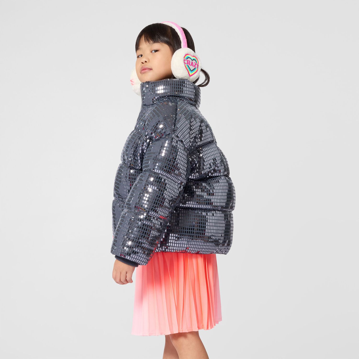 Girls Grey Disco Ball Padded Puffer Jacket, 1, hi-res