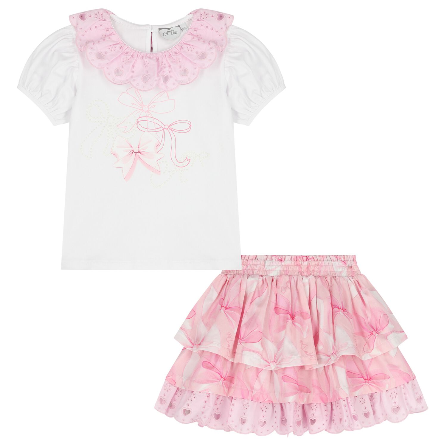 Girls Pink & White Broderie Anglaise Skirt Set, 1, hi-res