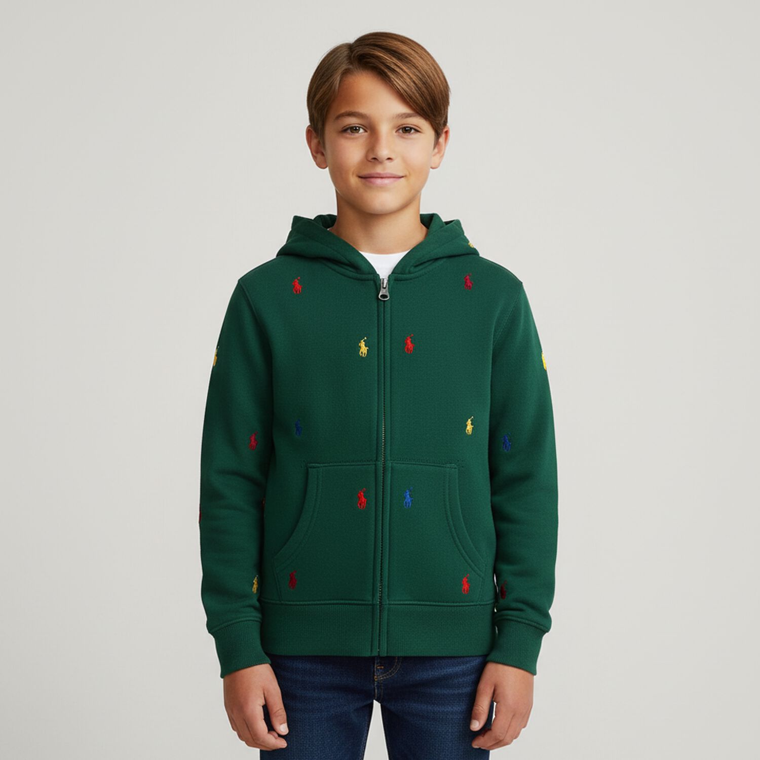 Boys Green Logo Hooded Zip Up Top, 1, hi-res