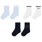 Baby Boys White & Navy Blue Logo Socks ( 3-Pack ), 1, hi-res