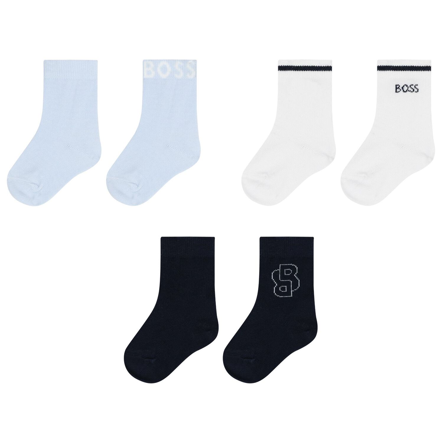 Baby Boys White & Navy Blue Logo Socks ( 3-Pack ), 1, hi-res