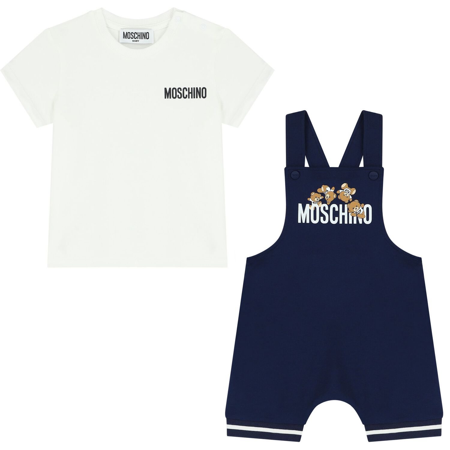 White & Navy Blue Teddy Bear Logo Dungaree Set, 1, hi-res