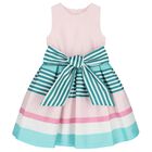Girls Pink Bow Striped Dress, 1, hi-res
