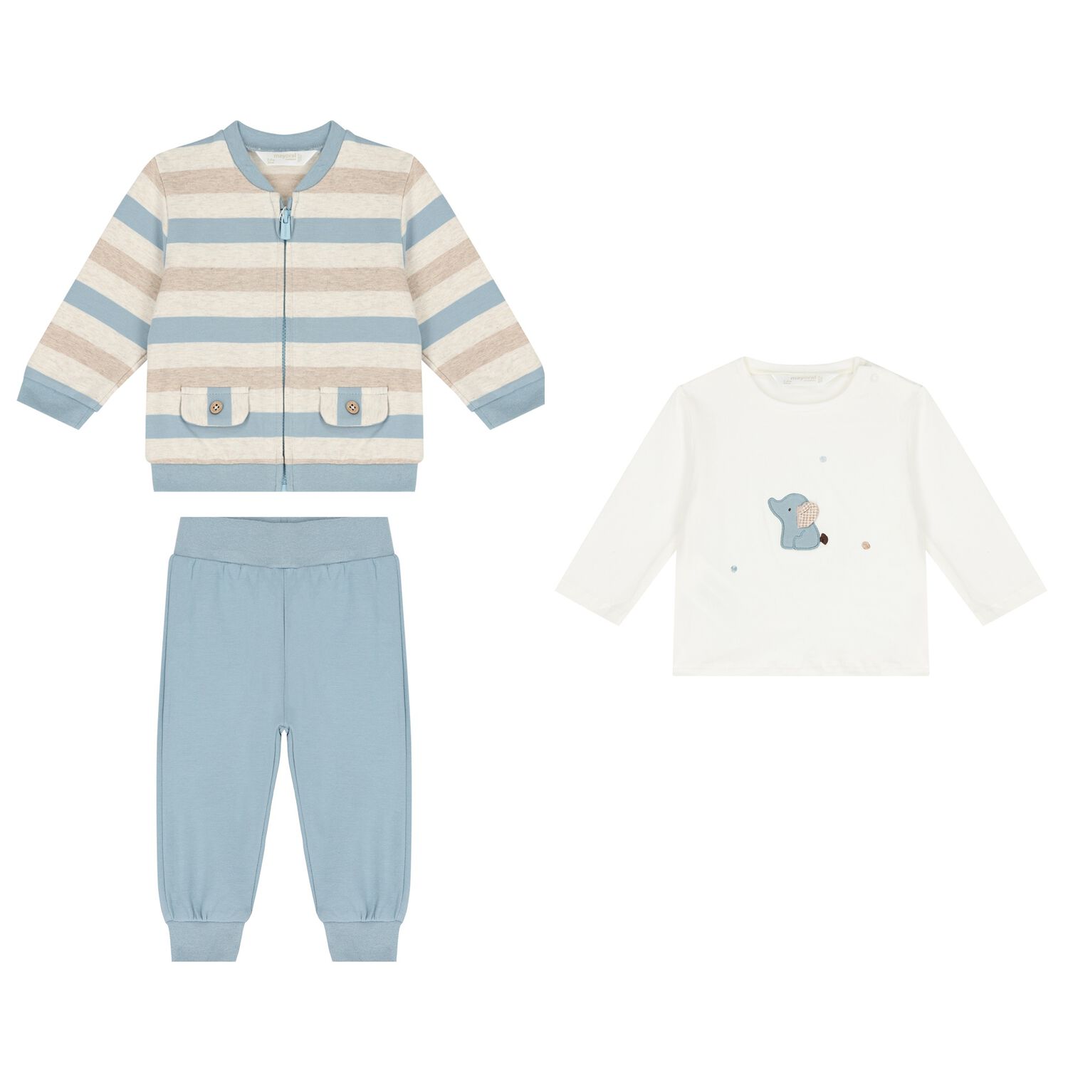 Baby Boys Beige, White & Blue Tracksuit (3 Piece), 1, hi-res
