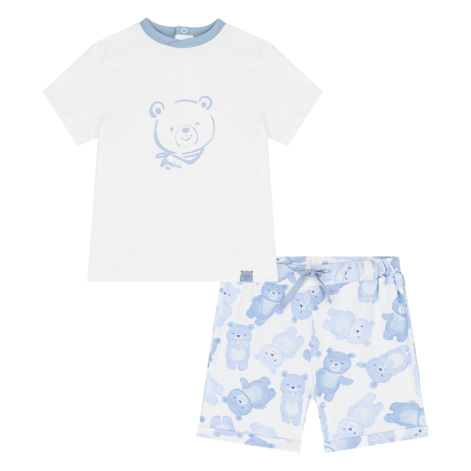 Baby Boys White & Blue Teddy Bear Shorts Set, 1, hi-res