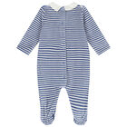 Baby Boys Navy & White Striped Velour Babygrow, 1, hi-res