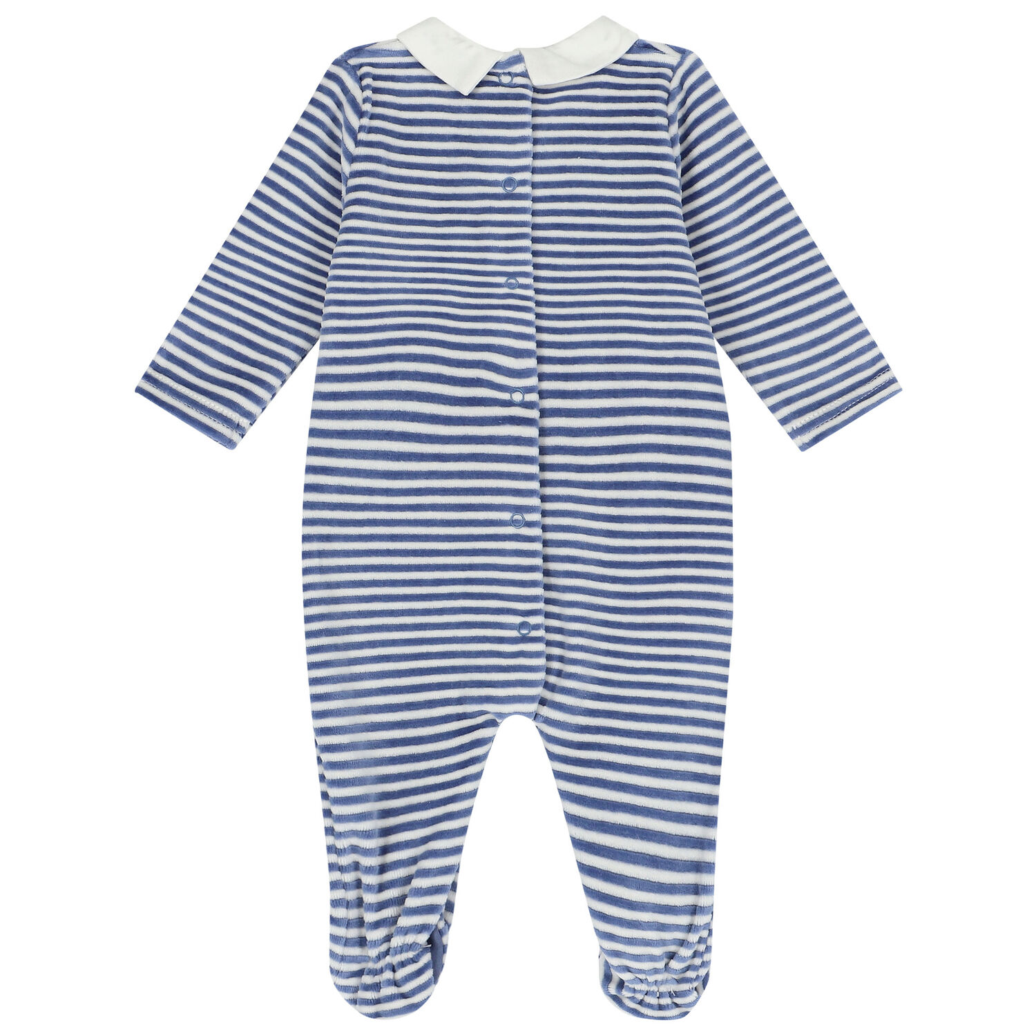 Baby Boys Navy & White Striped Velour Babygrow, 1, hi-res