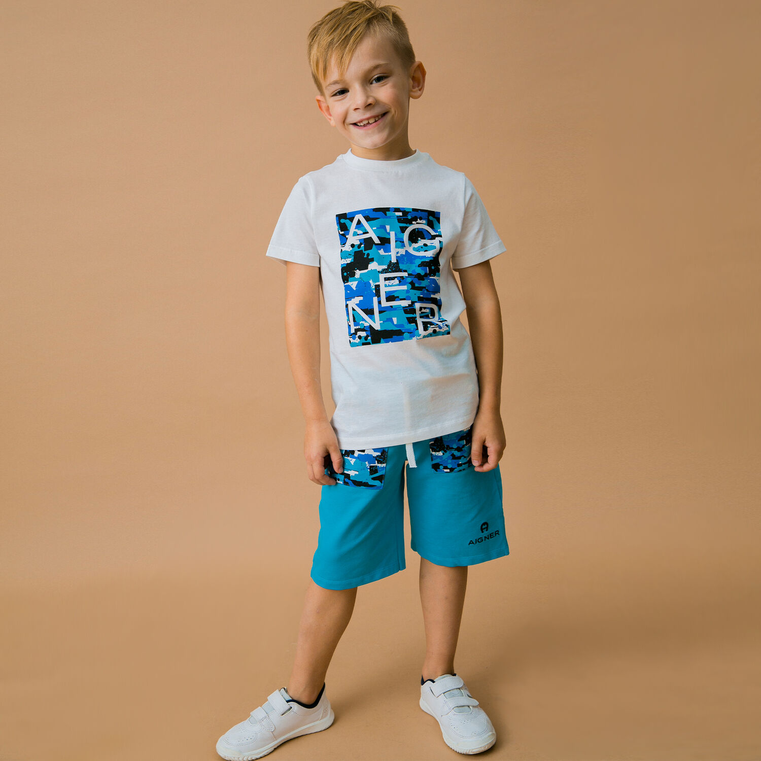 Boys White & Blue Logo Shorts Set, 1, hi-res