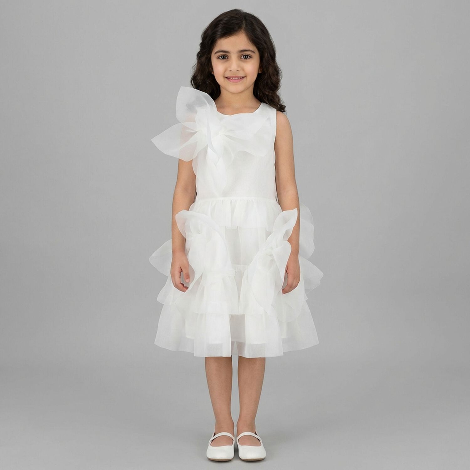 Girls White Organza 3D Floral Tiered Dress, 1, hi-res