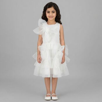 Girls White Organza 3D Floral Tiered Dress