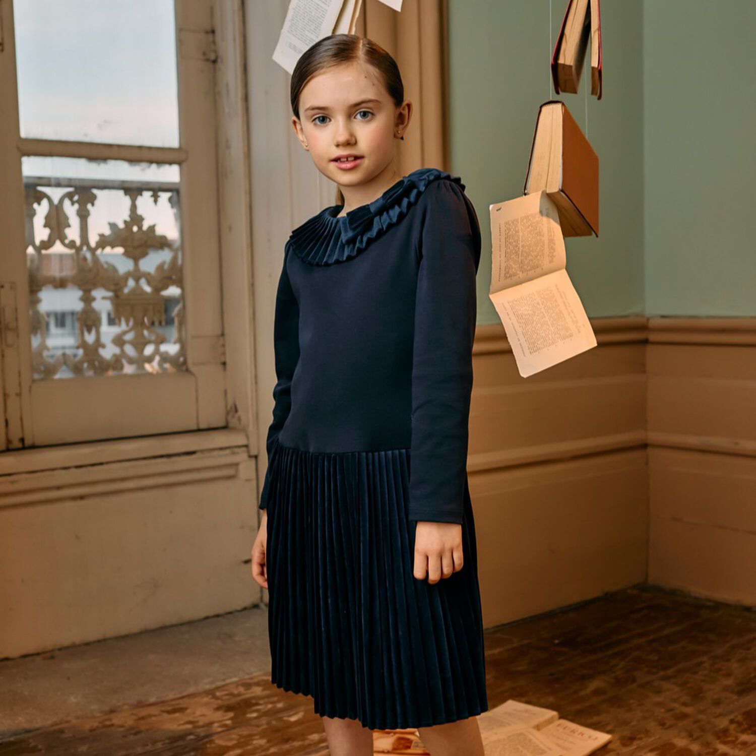 Girls Navy Blue Pleated Dress, 1, hi-res