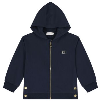 Girls Navy Blue Logo Hooded Zip Up Top