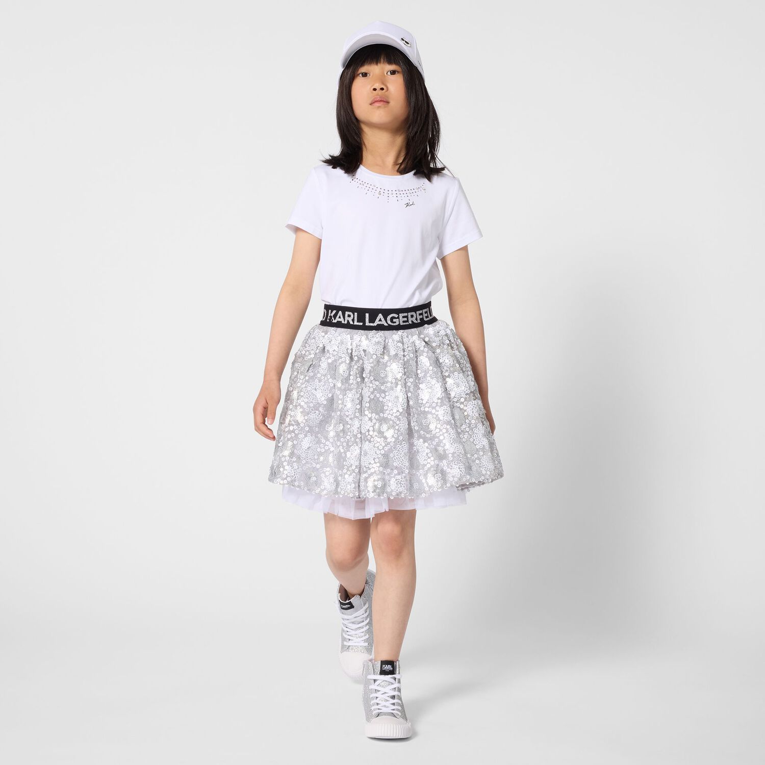 Girls Silver Sequinned Skirt, 1, hi-res