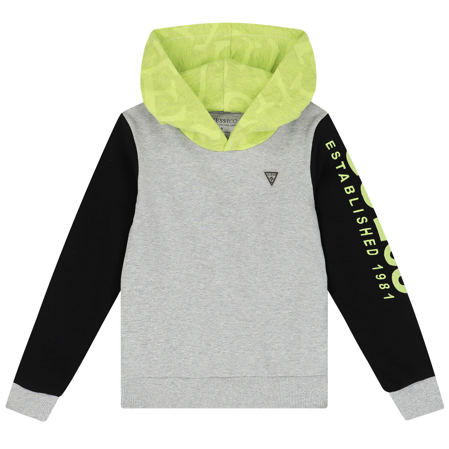 Boys Grey & Neon Green Logo Hooded Top, 1, hi-res