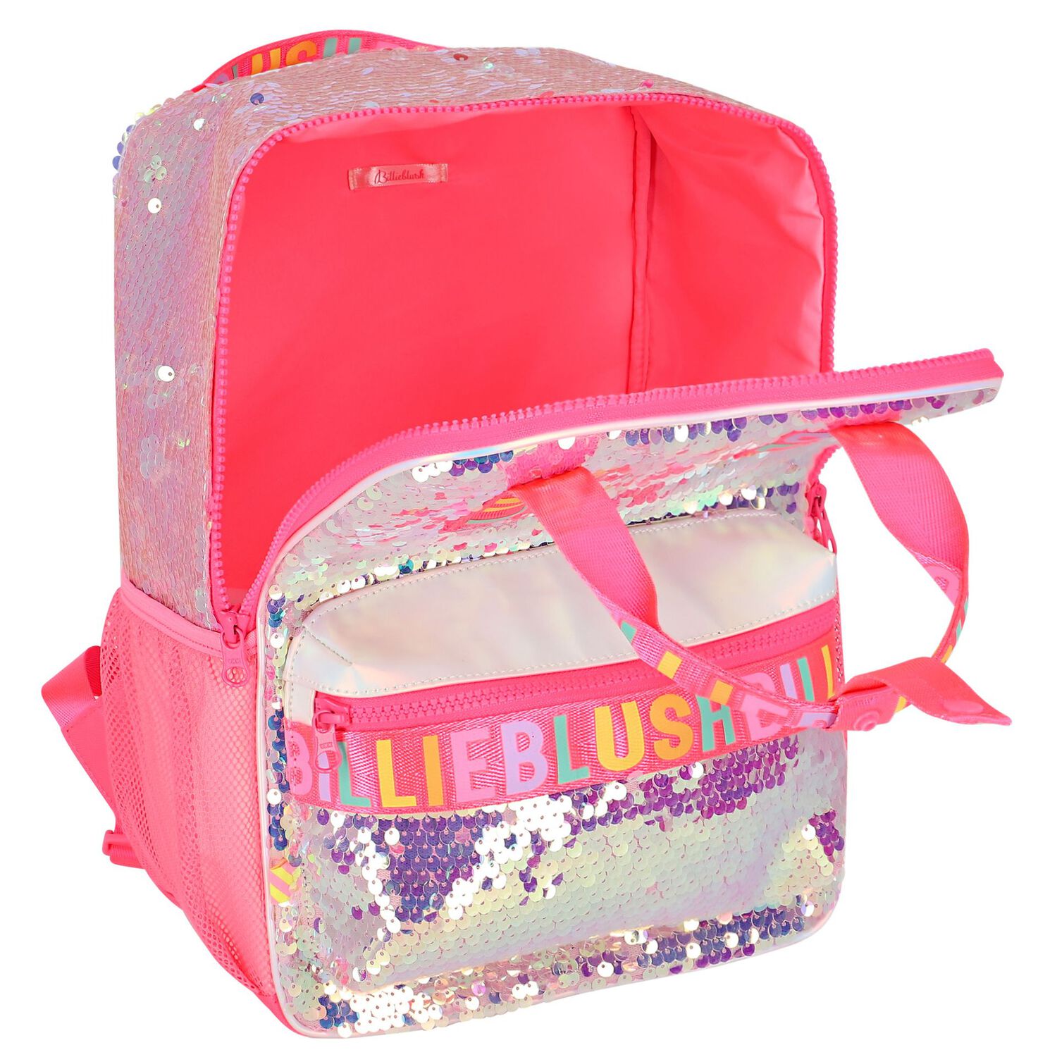 Girls Pink Iridescent Sequin Logo Backpack, 1, hi-res