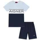 Boys Blue & Navy Logo Pyjamas, 1, hi-res
