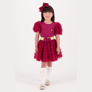 Girls Burgundy Tulle Sleeve T-Shirt