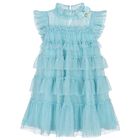 Girls Blue Embellished Tiered Tulle Dress, 1, hi-res