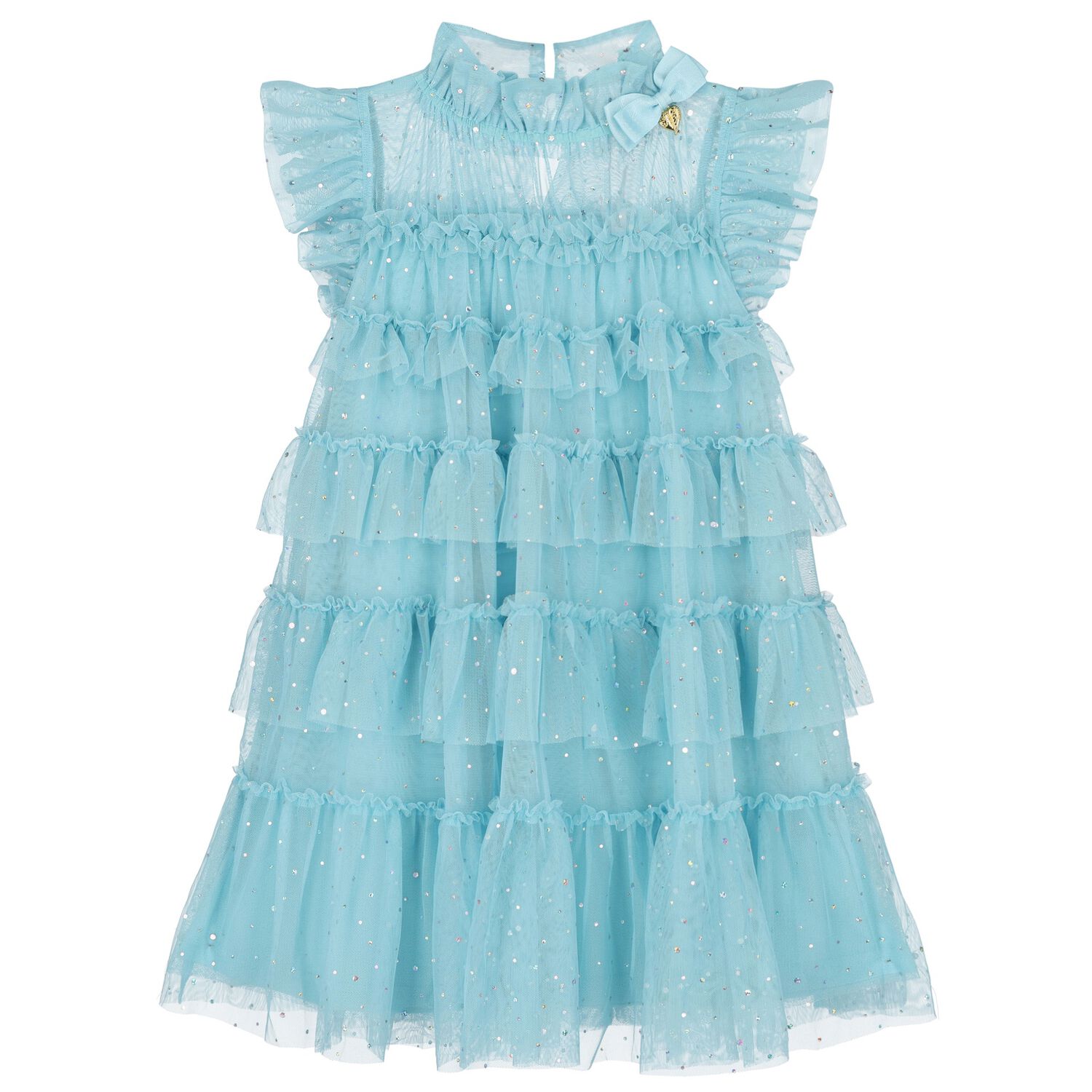 Girls Blue Embellished Tiered Tulle Dress, 1, hi-res
