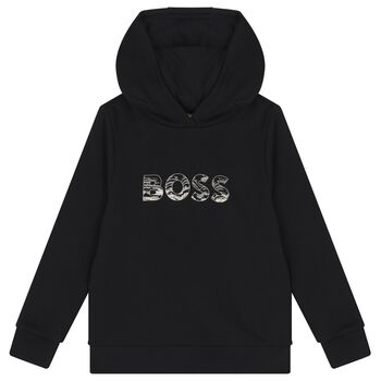 Boys Black Logo Hooded Top