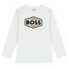 Boys White Logo Long Sleeve Top, 1, hi-res