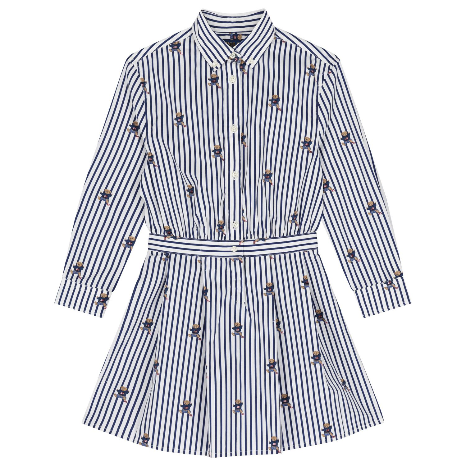 Girls White & Blue Polo Bear Striped Dress, 1, hi-res