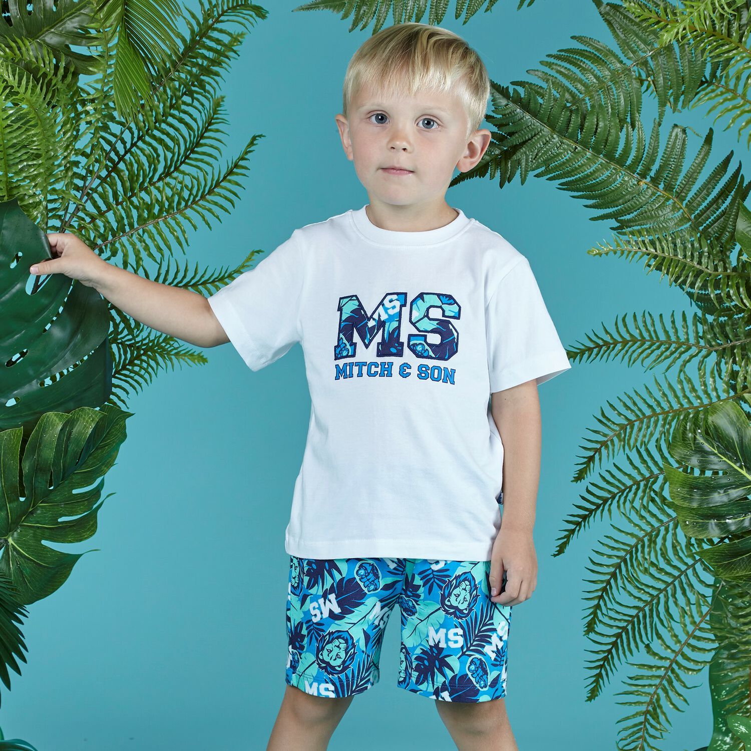 Boys White & Blue Logo Short Set, 1, hi-res