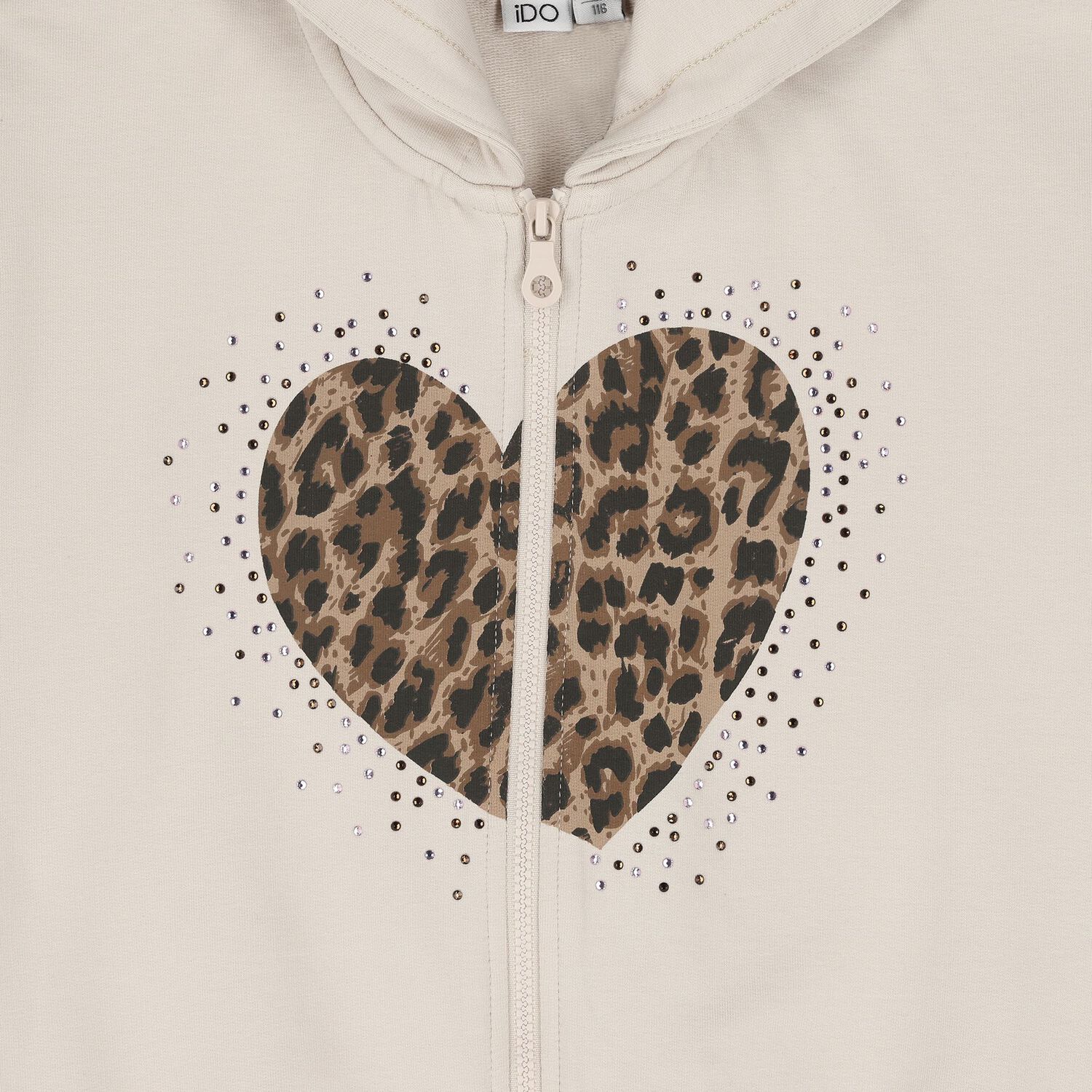 Girls Beige Heart Hooded Zip Up Top, 1, hi-res