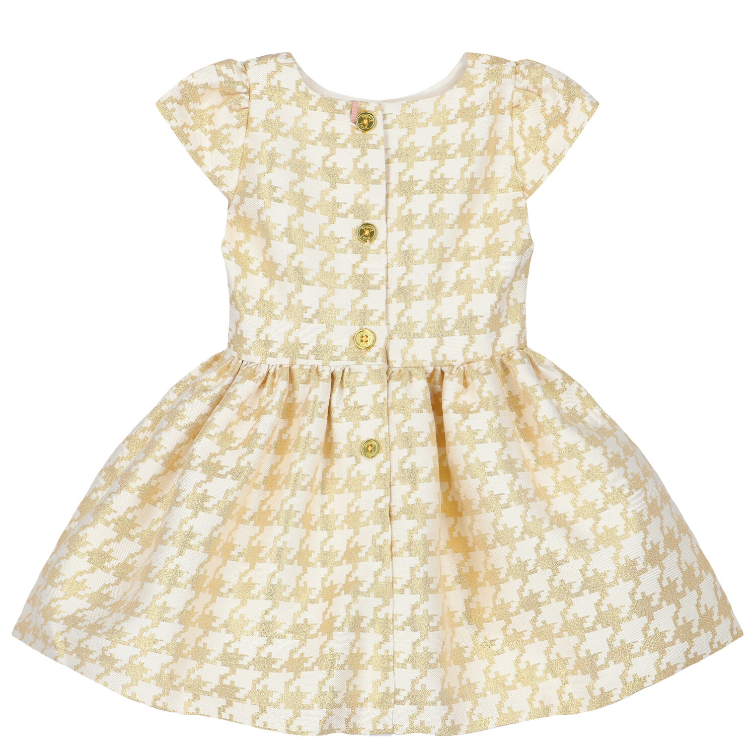 Baby Girls White & Gold Houndstooth Dress, 1, hi-res