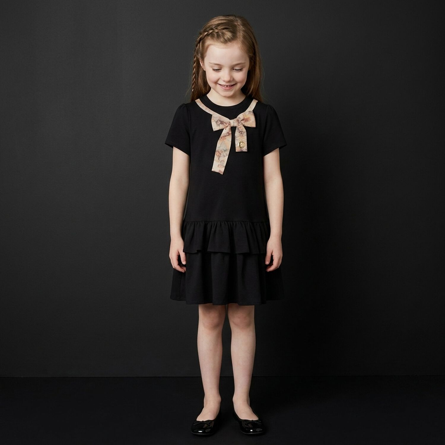 Girls Black & Beige Bow Logo Dress, 1, hi-res