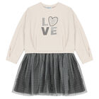 Girls Ivory & Black Long Sleeve Dress, 1, hi-res