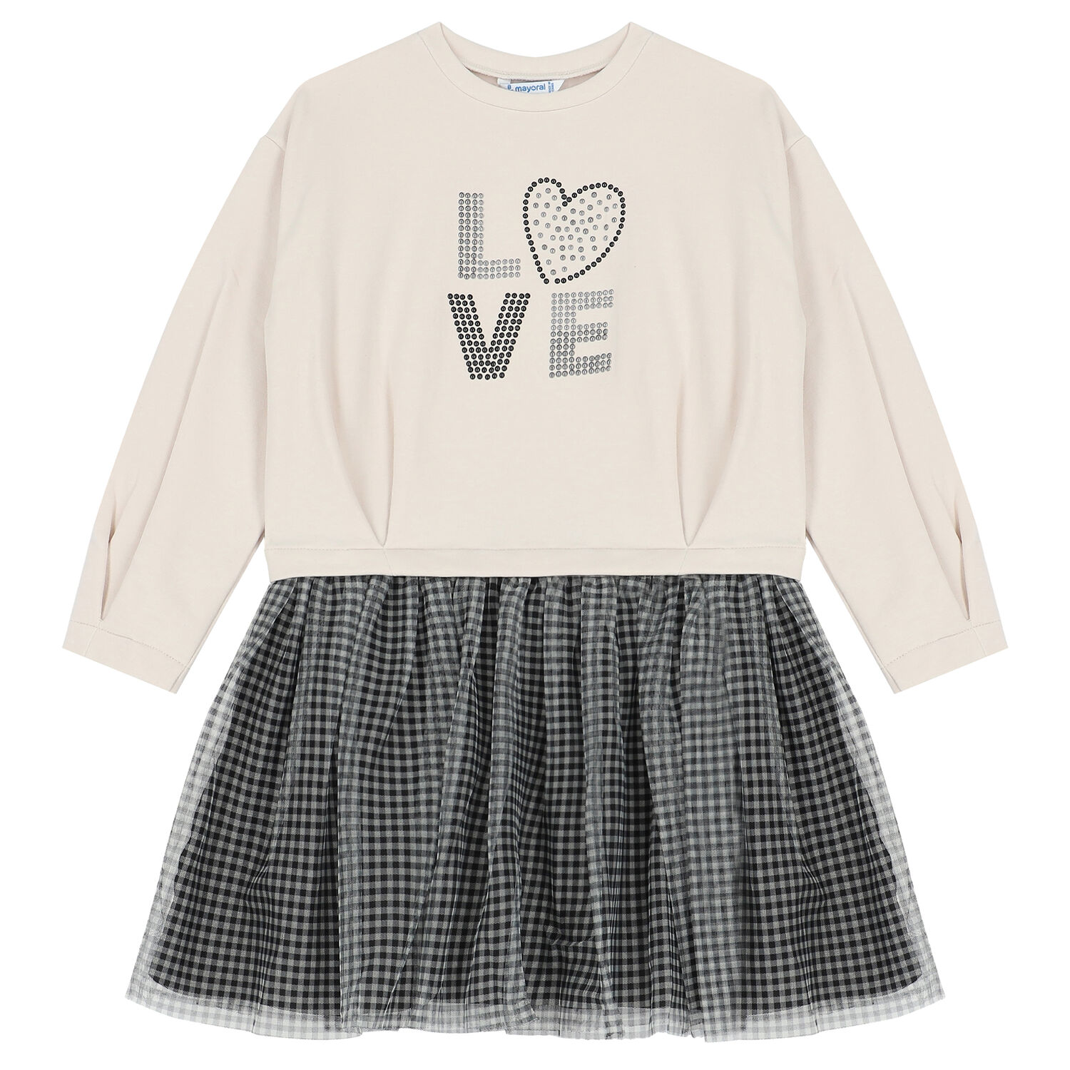 Girls Ivory & Black Long Sleeve Dress, 1, hi-res