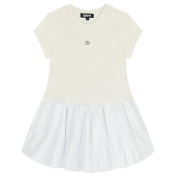 Girls Ivory & White Logo Dress