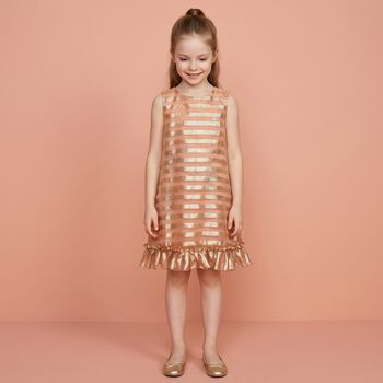 Girls Beige & Gold Striped Dress