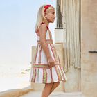 Girls White, Pink & Green Striped Dress, 1, hi-res