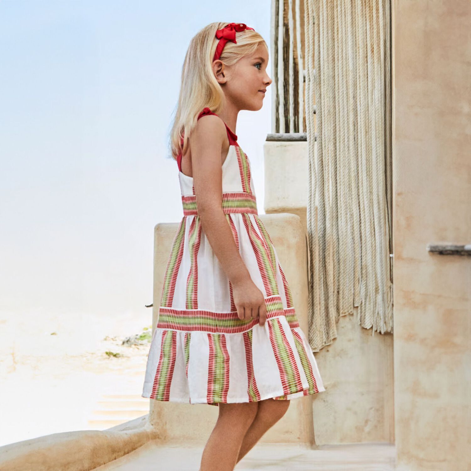 Girls White, Pink & Green Striped Dress, 1, hi-res