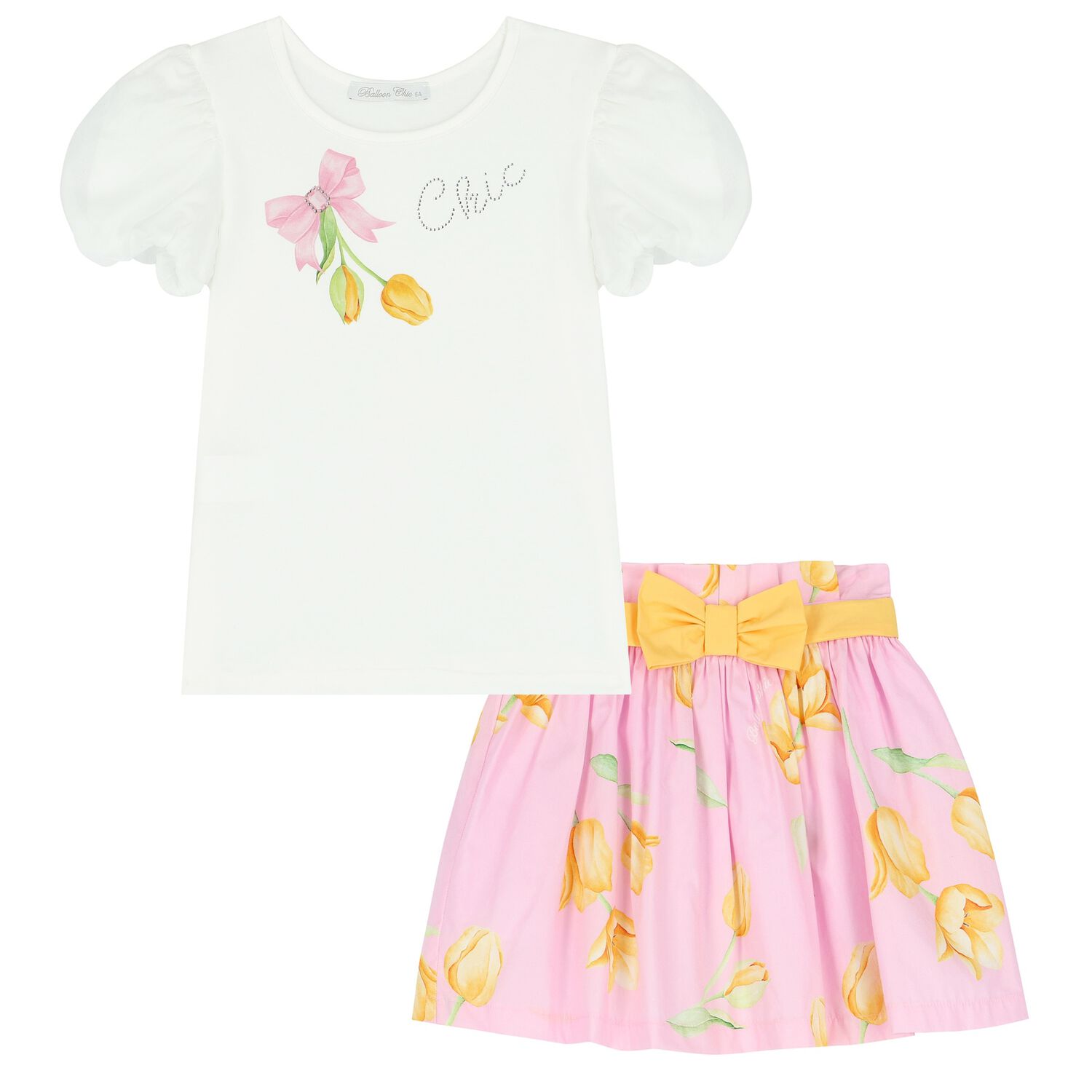 Girls White & Pink Floral Skirt Set, 1, hi-res image number null