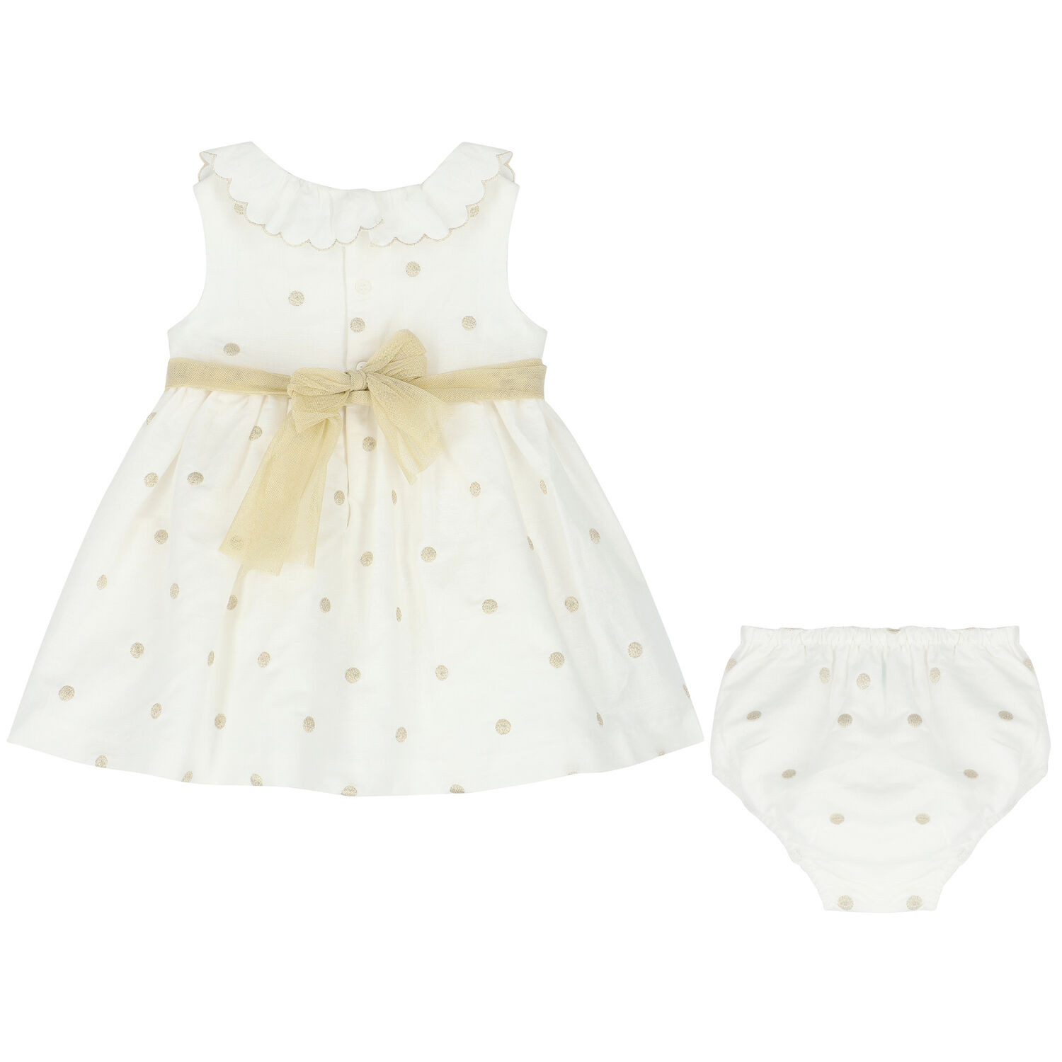 Younger Girls Ivory & Gold Spot Dress, 1, hi-res