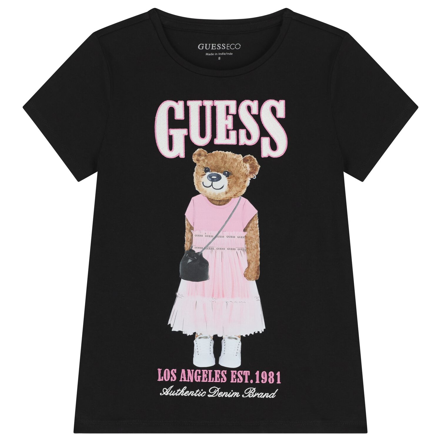 Girls Black Teddy Bear Logo T-Shirt, 2, hi-res