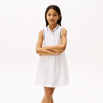 Girls White Cotton Broderie Polo Dress