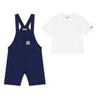 Baby Boys White & Navy Blue Dungaree Set, 1, hi-res