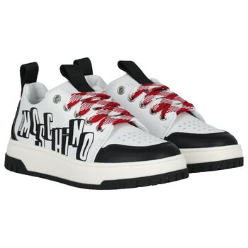 White & Black Logo Leather Trainers