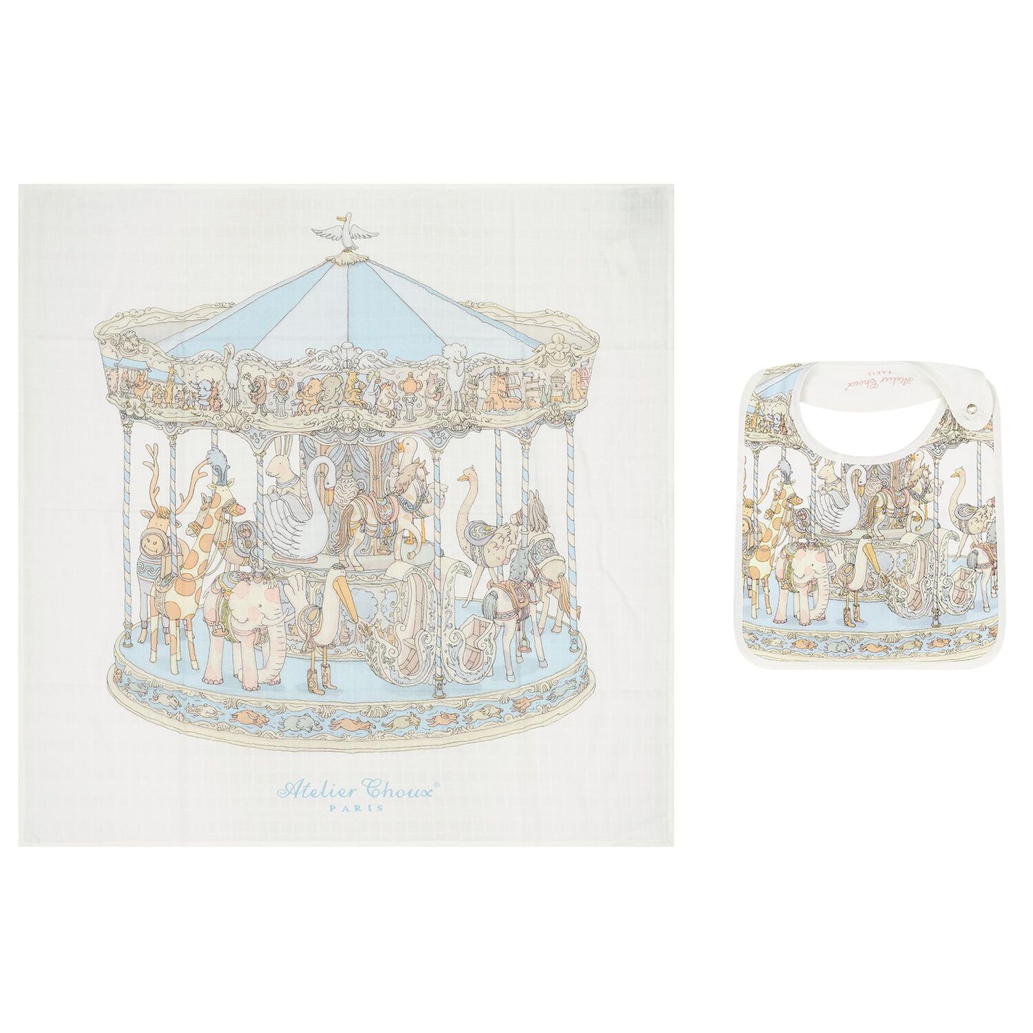 Baby Boys Ivory & Blue Carousel Carr&eacute; Swaddle & Bib Gift Set, 1, hi-res