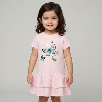 Younger Girls Pink Butterflies Logo Dress