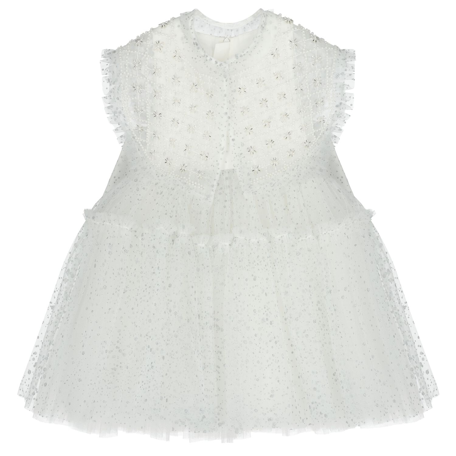 Girls White Embellished Tulle Dress, 1, hi-res