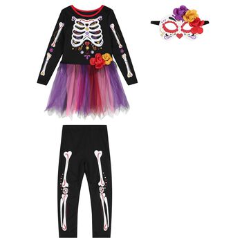 Girls Black Halloween Dia De Los Muertos Costume